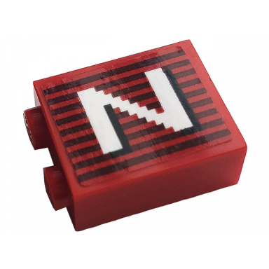 red brick 1 x 2 x 2 with inside stud holder with gray stripes and white capital letter n pattern model left side sticker - set 10272