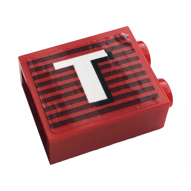 red brick 1 x 2 x 2 with inside stud holder with gray stripes and white capital letter t pattern model right side sticker - set 10272