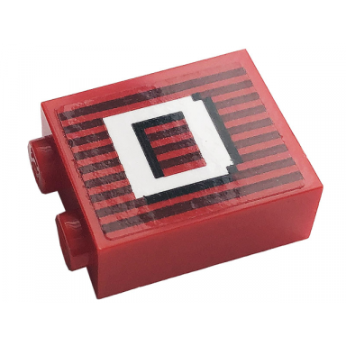 red brick 1 x 2 x 2 with inside stud holder with gray stripes and white capital letter d pattern model left side sticker - set 10272