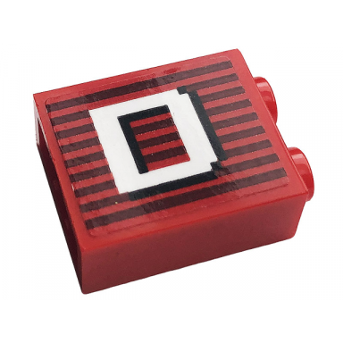 red brick 1 x 2 x 2 with inside stud holder with gray stripes and white capital letter d pattern model right side sticker - set 10272