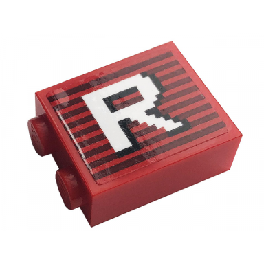 red brick 1 x 2 x 2 with inside stud holder with gray stripes and white capital letter r pattern sticker - set 10272
