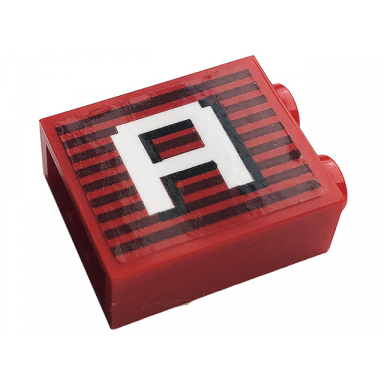 red brick 1 x 2 x 2 with inside stud holder with gray stripes and white capital letter a pattern sticker - set 10272