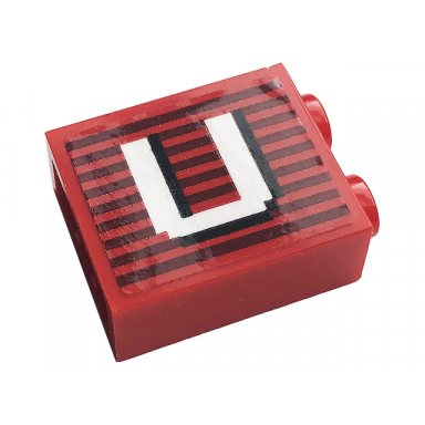 red brick 1 x 2 x 2 with inside stud holder with gray stripes and white capital letter u pattern sticker - set 10272