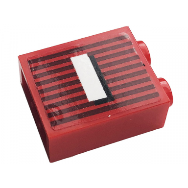 red brick 1 x 2 x 2 with inside stud holder with gray stripes and white capital letter i pattern sticker - set 10272