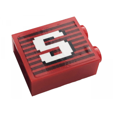 red brick 1 x 2 x 2 with inside stud holder with gray stripes and white capital letter s pattern sticker - set 10272