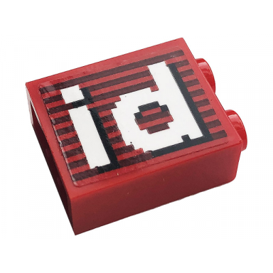 red brick 1 x 2 x 2 with inside stud holder with gray stripes and white id pattern sticker - set 10272