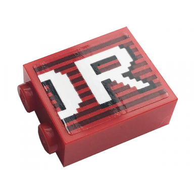 red brick 1 x 2 x 2 with inside stud holder with gray stripes and white or pattern sticker - set 10272