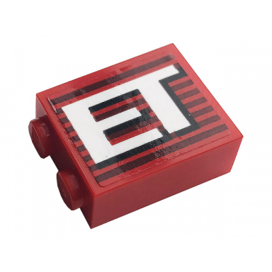 red brick 1 x 2 x 2 with inside stud holder with gray stripes and white et pattern sticker - set 10272