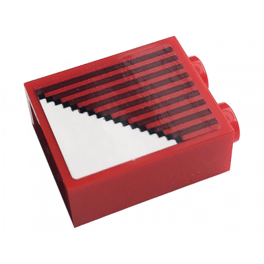 red brick 1 x 2 x 2 with inside stud holder with gray stripes and white triangle pattern sticker - set 10272