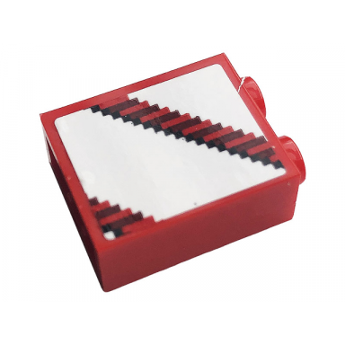 red brick 1 x 2 x 2 with inside stud holder with gray and white stripes pattern sticker - set 10272