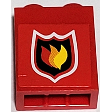 red brick 1 x 2 x 2 with inside stud holder with fire logo badge small pattern sticker - set 7213