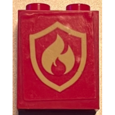 red brick 1 x 2 x 2 with inside stud holder with bright light yellow fire logo badge pattern sticker - set 60216