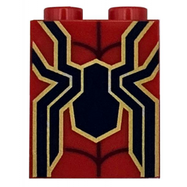 red brick 1 x 2 x 2 with inside stud holder with dark blue and gold spider and dark red web pattern brickheadz iron spider-man torso