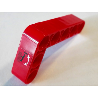 red technic liftarm modified bent thick l-shape 3 x 5 with curved white arrow pattern model right side sticker - set 8289