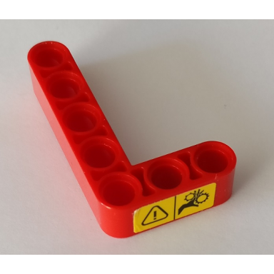 red technic liftarm modified bent thick l-shape 3 x 5 with warning sign on front pattern sticker - set 42082