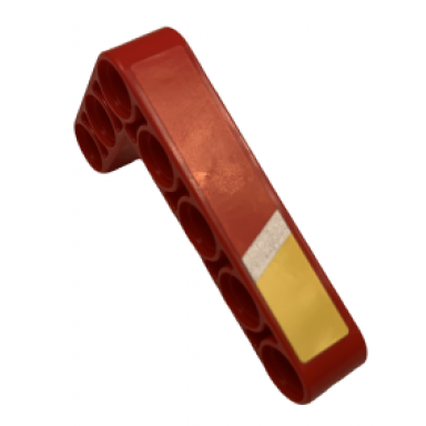 red technic liftarm modified bent thick l-shape 3 x 5 with silver and yellow stripes pattern model left side sticker - set 9396