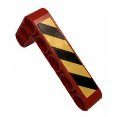 red technic liftarm modified bent thick l-shape 3 x 5 with black and yellow danger stripes pattern sticker - set 9396