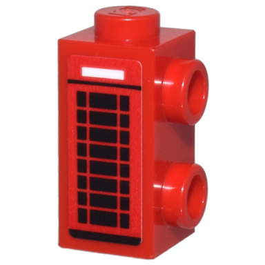 red brick modified 1 x 1 x 1 2 3 with studs on side with london telephone box with black grid and lines and white rectangle pattern sticker - set 76437