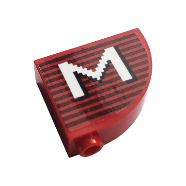 red slope curved 3 x 1 x 2 with hollow stud with gray stripes and white letter m pattern sticker - set 10272
