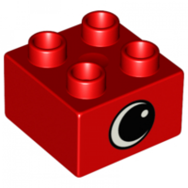 red duplo brick 2 x 2 with black and white eye with spot pattern on opposite sides