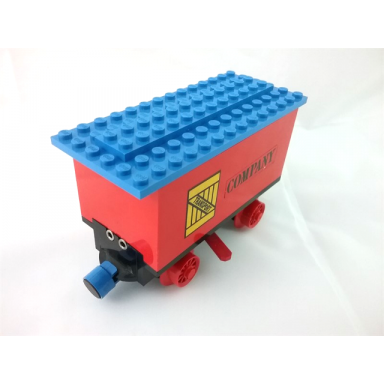 red train battery box car with two contact holes red switch lever blue and red magnets red wheels and blue roof with transport on yellow box and company pattern on both sides stickers - set 180