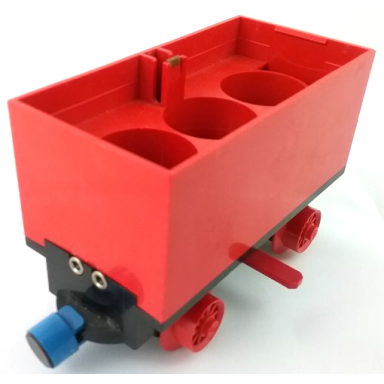 red train battery box car with two contact holes red switch lever blue and red magnets and red wheels