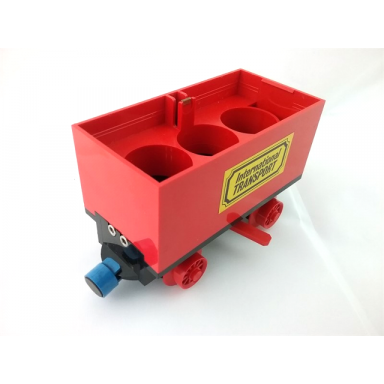 red train battery box car with two contact holes red switch lever blue and red magnets and red wheels with international transport pattern on both sides stickers - sets 161 181-1 183