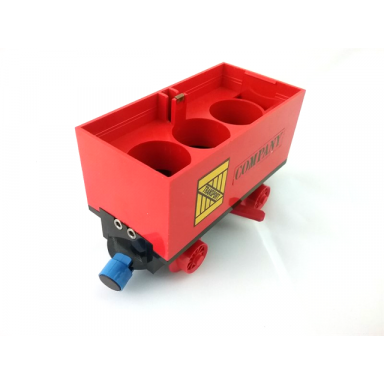 red train battery box car with two contact holes red switch lever blue and red magnets and red wheels with transport on yellow box and company pattern on both sides stickers - set 180