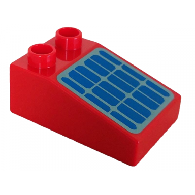 red duplo brick 3 x 2 slope 33 with blue and metallic light blue solar panel pattern