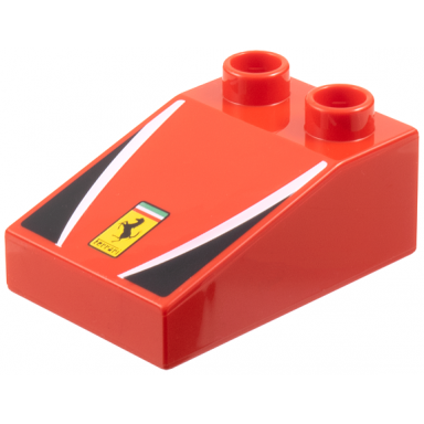 red duplo brick 3 x 2 slope 33 with ferrari logo white stripes black triangles pattern