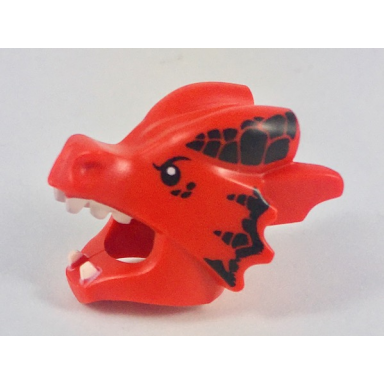 red minifigure headgear head cover costume dragon with black eyes and scales white teeth pattern
