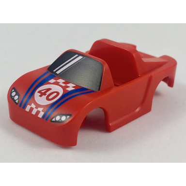 red minifigure costume race car with black windshield blue and white trim 40 in white circle pattern
