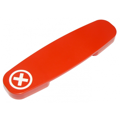 red duplo train action brick with white cross in circle pattern