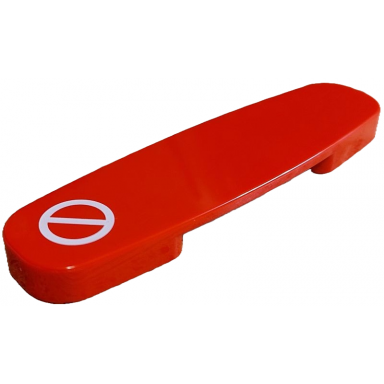 red duplo train action brick with white diagonal line in circle pattern