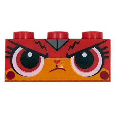 red brick 1 x 3 with cat face with bright light orange muzzle frown wide eyes pattern warrior kitty