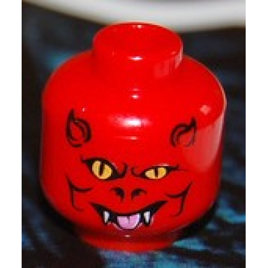 red minifigure head alien devil with horns yellow eyes white fangs and bright pink tongue pattern