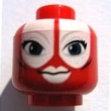 red minifigure head alien sw togruta with light bluish gray eyebrows black eyelashes and cheek lines large dark blue eyes white lips and face paint grin pattern