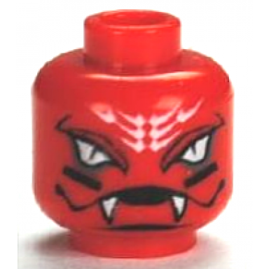 red minifigure head alien with white snake eyes and forehead scales black lines on cheeks wide open mouth with fangs pattern
