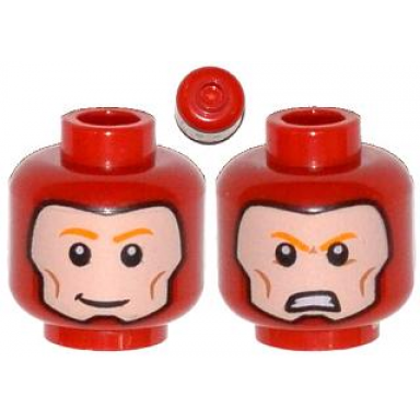 red minifigure head dual sided balaclava with face hole orange eyebrows cheek lines smile angry pattern