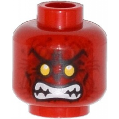 red minifigure head alien with yellow eyes dark red wrinkles bared teeth pattern