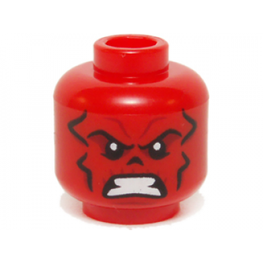 red minifigure head alien with black and dark red contour lines nose hole nasal cavity and white bared teeth pattern