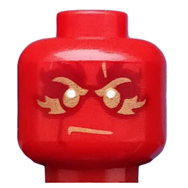 red minifigure head gold eyebrows mouth and eyes with dark red and gold flames pattern kai