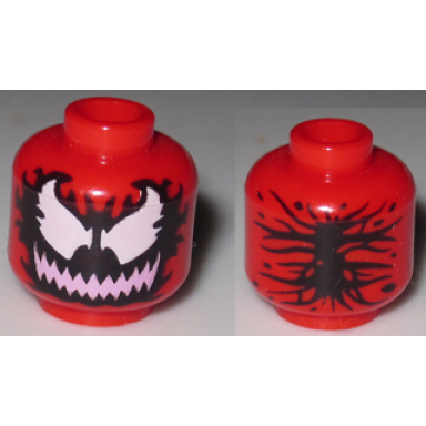 red minifigure head alien with large white eyes and bright pink wide grin with sharp teeth on black pattern carnage