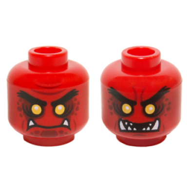 red minifigure head dual sided alien black eyebrows yellow eyes dark red spots 2 fangs closed mouth open mouth teeth pattern
