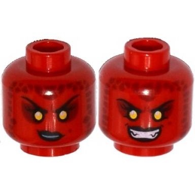 red minifigure head dual sided alien female black eyebrows yellow sunken eyes black lips dark red spots smirk bared teeth pattern