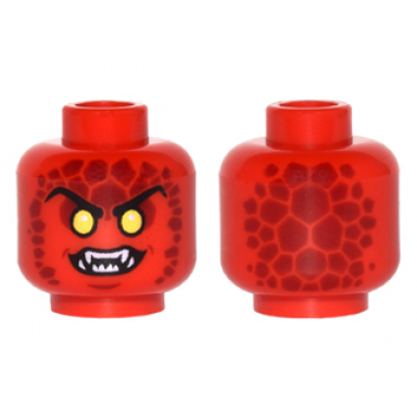 red minifigure head alien lava monster with yellow eyes dark red rocks and open mouth with fangs pattern