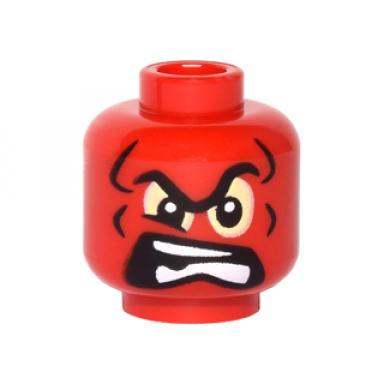 red minifigure head alien with black eyebrows bright light yellow eyes and angry open mouth with teeth pattern