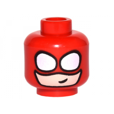red minifigure head balaclava with round white eye holes over light nougat face and small crooked smile pattern