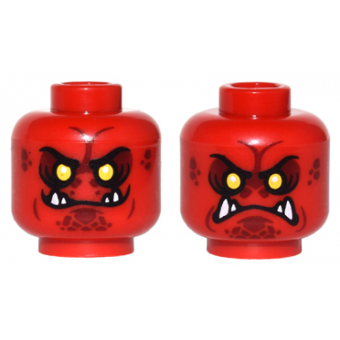 red minifigure head dual sided alien black eyebrows yellow eyes dark red spots 4 fangs grin angry frown pattern