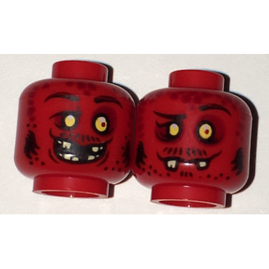 red minifigure head dual sided alien black eyebrows yellow eyes dark red spots broken fangs goofy open smile teeth closed mouth pattern